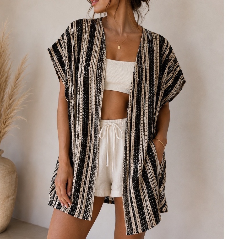 Maurices Black Cream Striped Knit Kimono Cardigan Boho Open Front Wrap OS i3